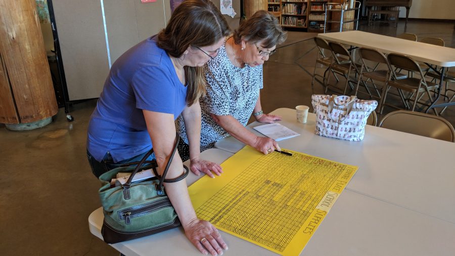 Susan Switzer and Deb Randall reviewing the requests and items donated on Sunday, September 2, 2018, for the 2018 School Supply Drive Susan Switzer and Deb Randall reviewing the requests and items donated on Sunday, September 2, 2018, for the 2018 School Supply Drive