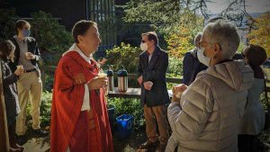 Bishop Rickel at reception after service in 2021