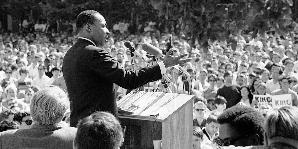 Martin Luther King, Jr, speaking at the University of California-Berkeley on May 17, 1967.