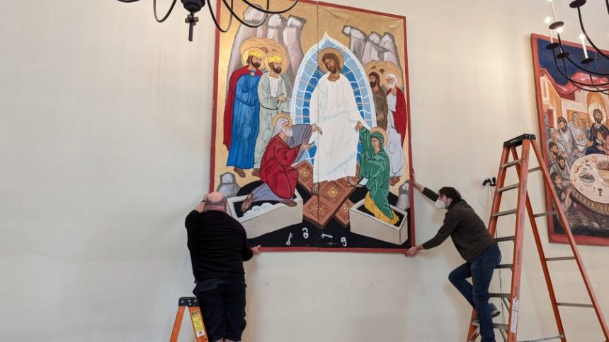 Mounting the Resurrection icon for Easter Day worship in 2022