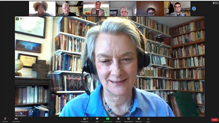 Professor Dana Robert spoke on the history of women’s efforts in mission from the earliest days of Christianity to today during a May 12 GEMN plenary session. Screenshot, Melodie Woerman.