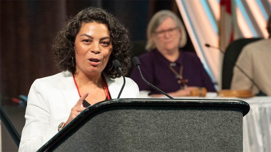 House of Deputies President-elect Julia Ayala Harris addresses the House as the Reverend Gay Clark Jennings, the outgoing president, listens. Photo, Scott Gunn.