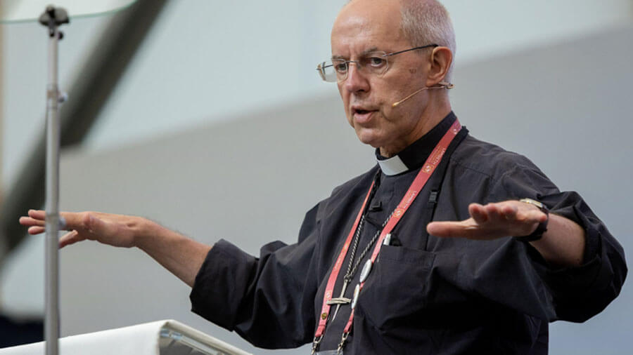 Earlier in the day, before the closed discussion on the Lambeth Call on Human Dignity, Archbishop of Canterbury Justin Welby conducted the Bible exposition on resistance and resilience during day 7 of the 15th Lambeth Conference underway in Canterbury, England. Photo: Neil Turner/For the Lambeth Conference.