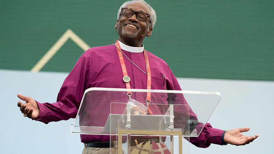 Presiding Bishop Michael Curry co-chaired the Aug. 5 morning plenary session on discipleship. Photo: Richard Washbrooke/For the Lambeth Conference.