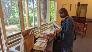 Susan Switzer looking at school supply donations in 2022. Susan Switzer looking at school supply donations in 2022.