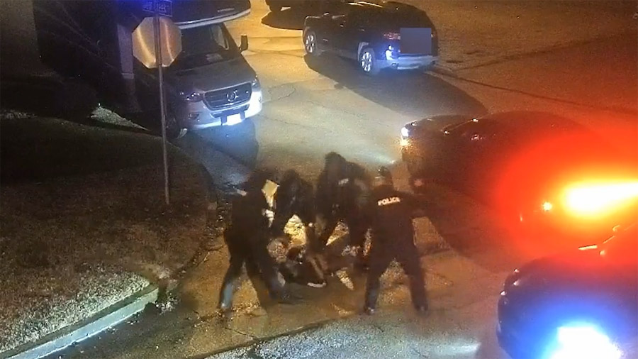 A still from a released video recording of Tyre Nichols's altercation with 4 out of the 5 police officers involved in his death