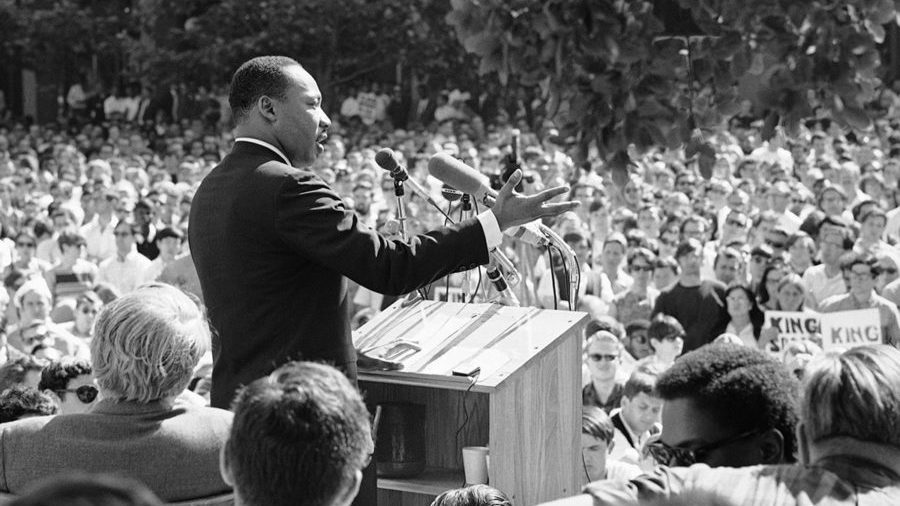 A large portion of the estimated 5,000 who listened intently to Dr. Martin Luther King, from Sproul Hall, University of California administration building in Berkeley, California, May 17, 1967. Dr. King reiterated his stand for non-violence and urged that young people support a peace bloc that would influence the 1968 elections. (AP Photo)