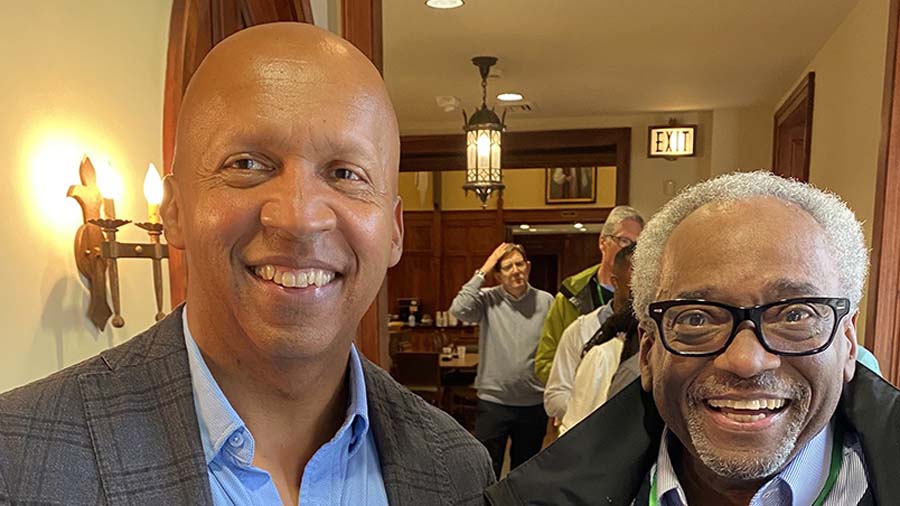 Bryan Stevenson, left, executive director of the Equal Justice Initiative, spoke to the House of Bishops on March 9, 2023, at St. John’s Episcopal Church in Montgomery, Alabama. Here he poses for a photo with Presiding Bishop Michael Curry. Photo: The Episcopal Church