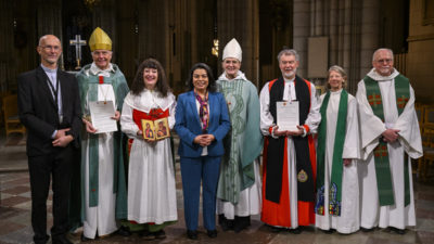 House of Deputies President Julia Ayala Harris is joined by other leaders from The Episcopal Church and the Church of Sweden at Uppsala Cathedral, where the two churches’ full communion agreement was affirmed at a Nov. 22 Holy Eucharist. Left of Ayala Harris are the Very Rev. Chirstopher Meaking, Bishop Johan Dalman and Karin Perers. Right of Ayala Harris are Bishop Marika Markovits, Bishop Mark Edington, the Rev. Margaret Rose and the Ven. Walter Baer. Photo: Magnus Aronsson