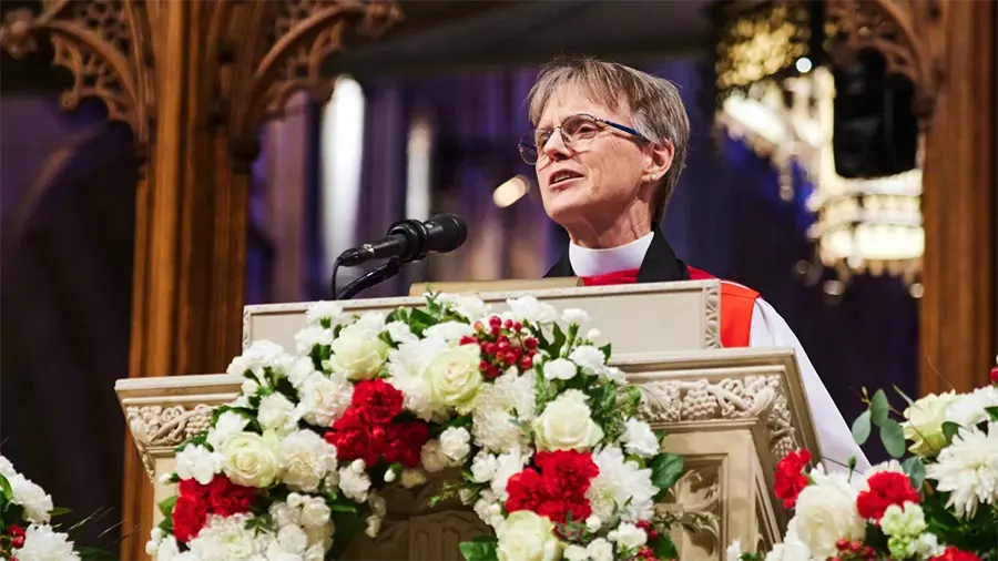 Washington Bishop Mariann Budde preaches January 21, 2025, at the Service of Prayer for the Nation at Washington National Cathedral. Photo-Washington National Cathedral, via Facebook.