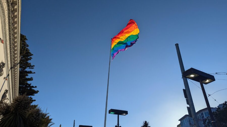 Pride Flag at Harvey Milk Plaza at the corner of Market and Castro Street in San Francisco.