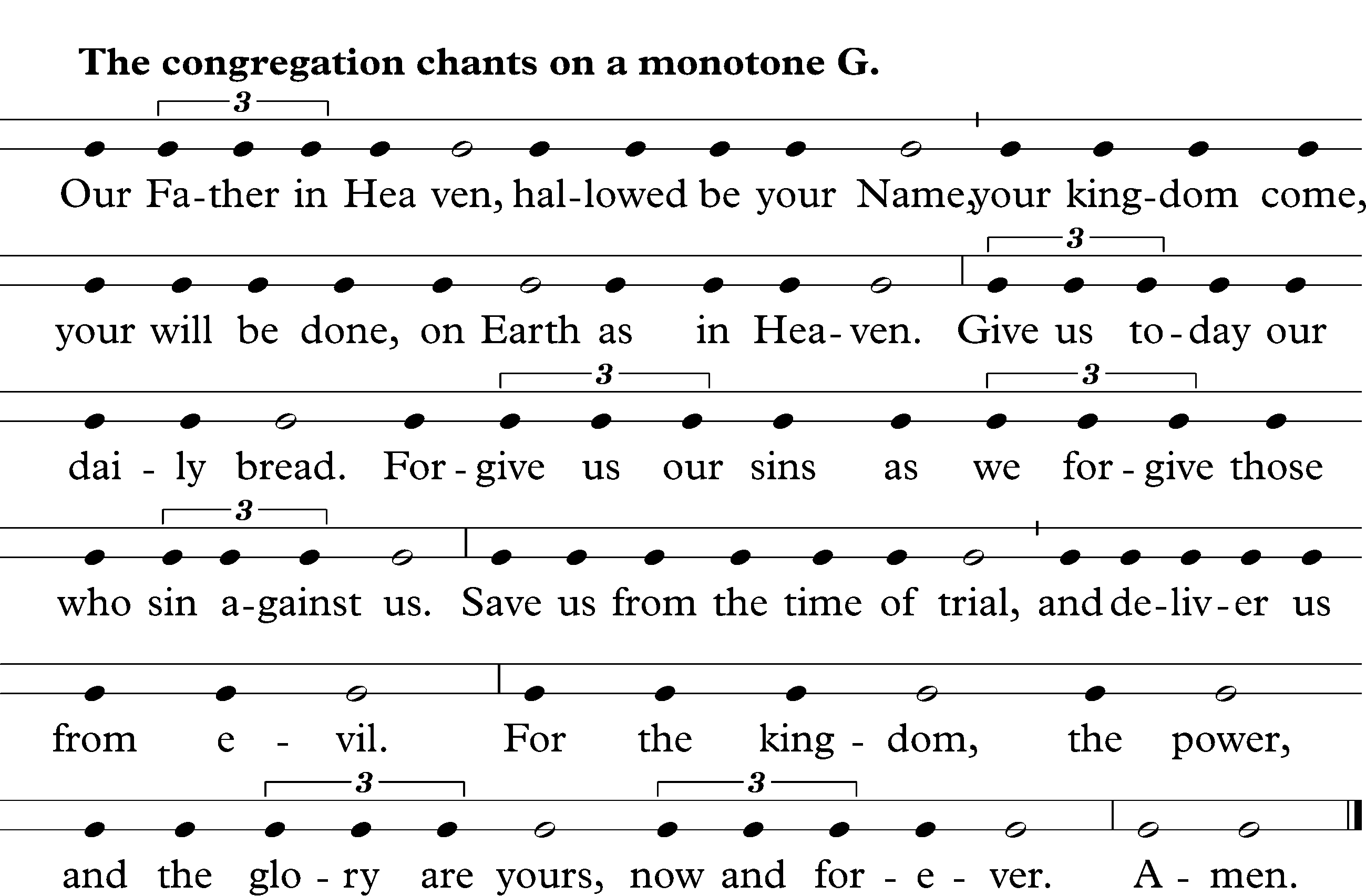 Our Father in heaven,
    hallowed be your Name,
    your kingdom come,
    your will be done,
        on earth as in heaven.
Give us today our daily bread.
Forgive us our sins
    as we forgive those
        who sin against us.
Save us from the time of trial,
    and deliver us from evil.
For the kingdom, the power,
    and the glory are yours,
    now and for ever. Amen.