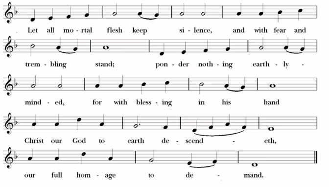 Let all mortal flesh keep silence,
and with fear and trembling stand;
Ponder nothing earthly minded,
for with blessing in his hand;
Christ our God to earth descendeth,
our full homage to demand.