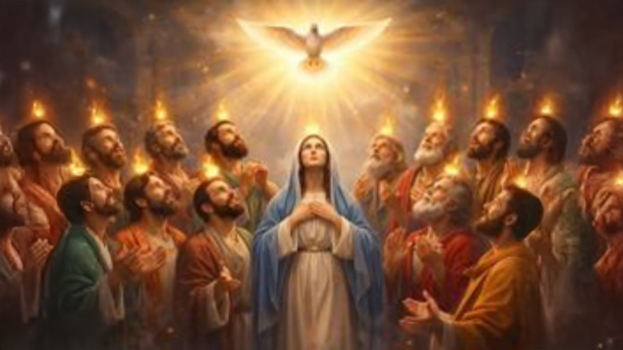 Mary and the Disciples receiving the Holy Spirit, AI enhanced